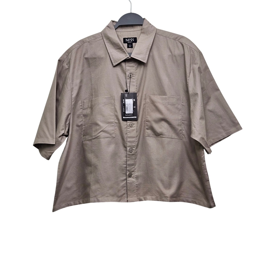 BoohooMAN Oxford Shirt Mens S Beige Boxy Cropped Half Sleeve Streetwear Modern